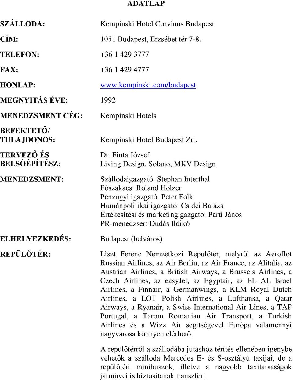 Finta József Living Design, Solano, MKV Design Szállodaigazgató: Stephan Interthal Főszakács: Roland Holzer Pénzügyi igazgató: Peter Folk Humánpolitikai igazgató: Csidei Balázs Értékesítési és