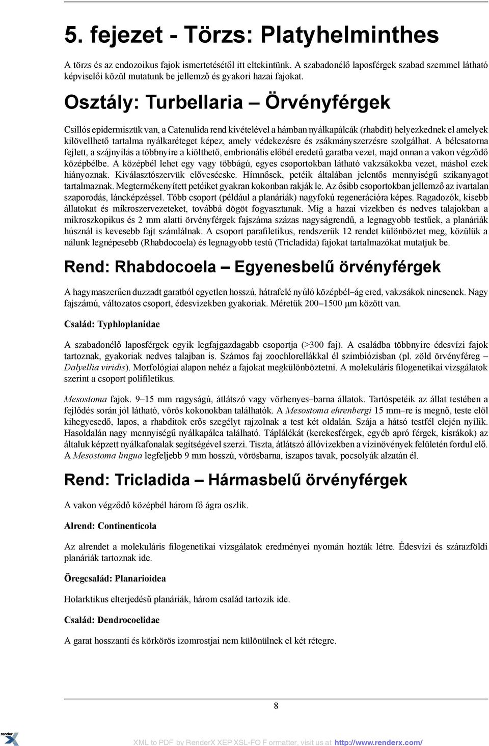 Osztály: Turbellaria Örvényférgek Csillós epidermiszük van, a Catenulida rend kivételével a hámban nyálkapálcák (rhabdit) helyezkednek el amelyek kilövellhető tartalma nyálkaréteget képez, amely