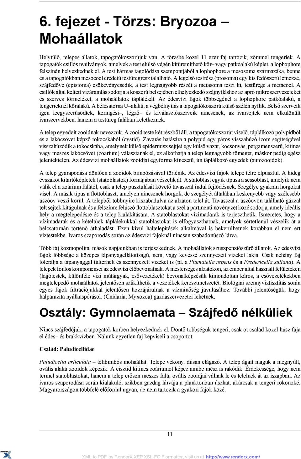 A test hármas tagolódása szempontjából a lophophore a mesosoma származáka, benne és a tapogatókban mesocoel eredetű testüregrész található.