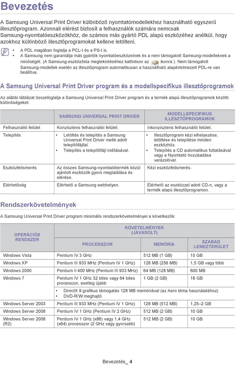 A PDL magában foglalja a PCL-t és a PS-t is. A Samsung nem garantálja más gyártók nyomtatóeszközeinek és a nem támogatott Samsung-modelleknek a minőségét.