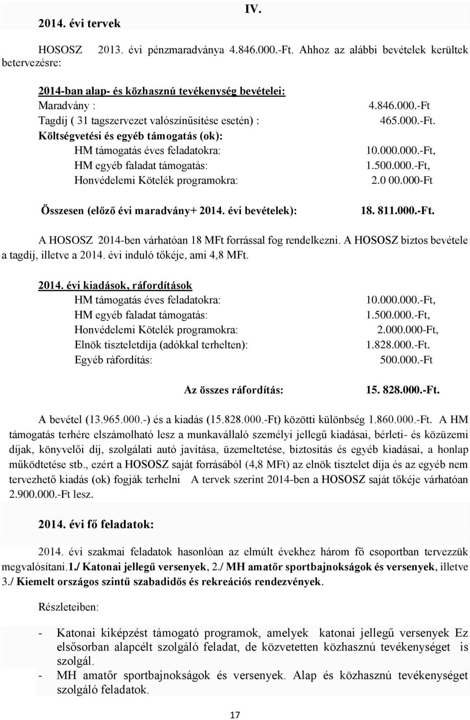 támogatás éves feladatokra: HM egyéb faladat támogatás: Honvédelemi Kötelék programokra: Összesen (előző évi maradvány+ 2014. évi bevételek): 4.846.000.-Ft 465.000.-Ft. 10.000.000.-Ft, 1.500.000.-Ft, 2.