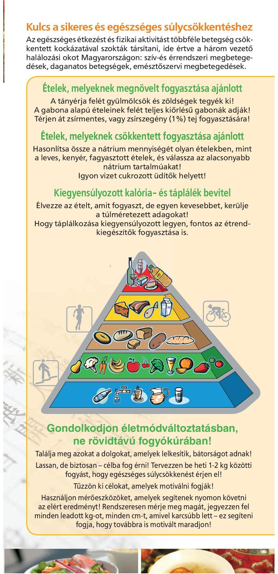 Ételek, melyeknek megnövelt fogyasztása ajánlott A tányérja felét gyülmölcsök és zöldségek tegyék ki! A gabona alapú ételeinek felét teljes kiőrlésű gabonák adják!