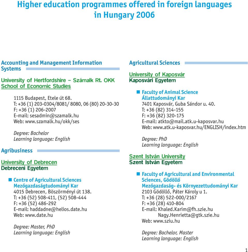 hu Web: www.szamalk.hu/okk/ses Agribusiness University of Debrecen Debreceni Centre of Agricultural Sciences Mezőgazdaságtudományi Kar 4015 Debrecen, Böszörményi út 138.
