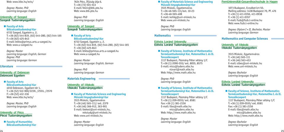 T: +36 (52) 512-900/2239, /2555, /2570 F: +36 (52) 412-336 Web: www.klte.hu/ects/, PhD Faculty of Humanities Bölcsészettudományi Kar 7624 Pécs, Ifjúság útja 6. T: +36 (72) 501-513 E-mail: felvir@btk.
