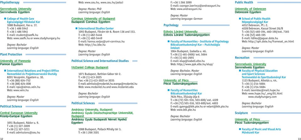 T: +36 (88) 624-752 F: +36 (88) 624-008 E-mail: npo@almos.vein.hu Web: www.vein.hu Political Science Közép-Európai Web: www.ceu.
