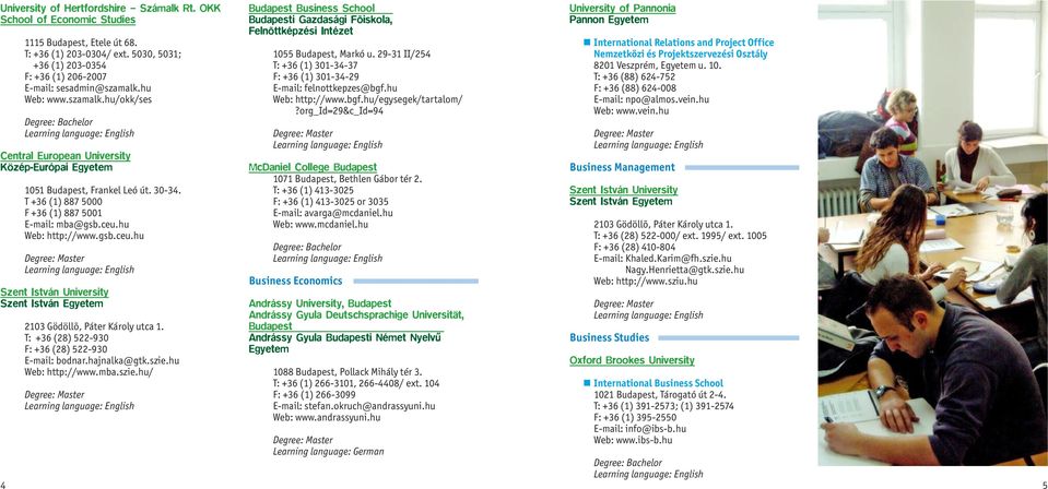 T: +36 (28) 522-930 F: +36 (28) 522-930 E-mail: bodnar.hajnalka@gtk.szie.hu Web: http://www.mba.szie.hu/ Budapest Business School Budapesti Gazdasági Fõiskola, Felnõttképzési Intézet 1055 Budapest, Markó u.