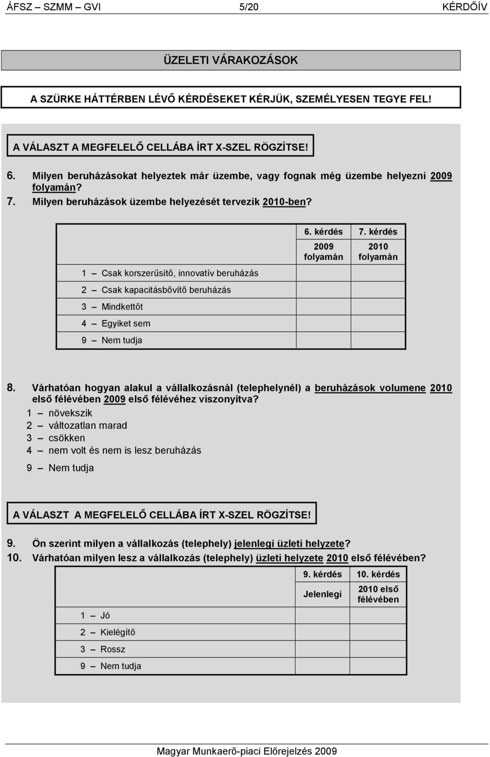 1 Csak korszerősítı, innovatív beruházás 2 Csak kapacitásbıvítı beruházás 3 Mindkettıt 4 Egyiket sem 9 Nem tudja 6. kérdés 7. kérdés 2009 folyamán 2010 folyamán 8.
