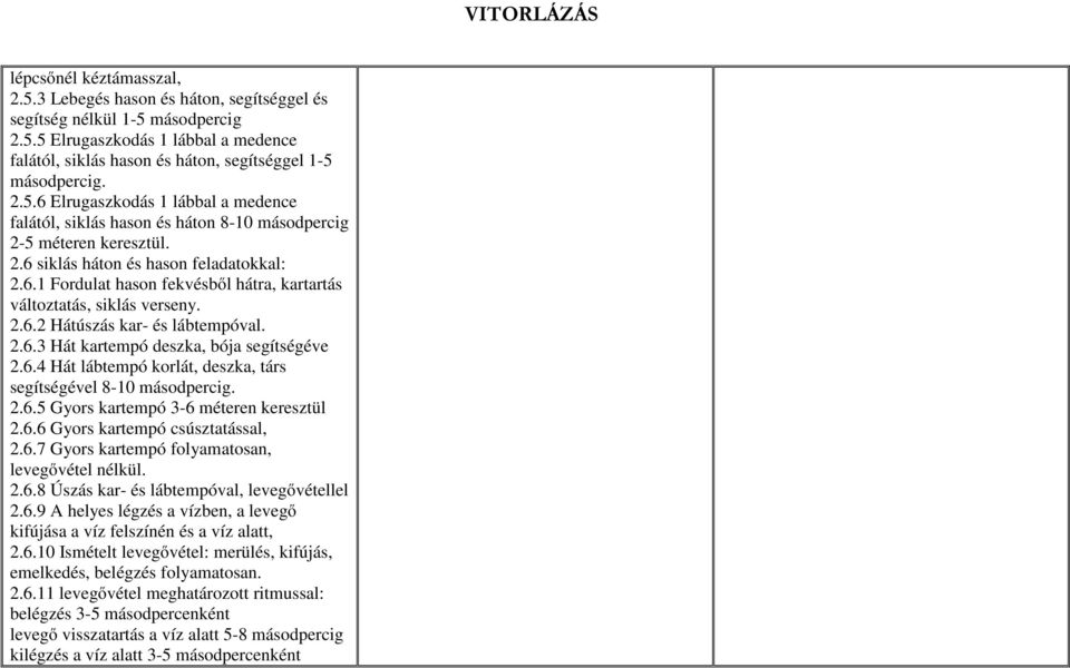 2.6.2 Hátúszás kar- és lábtempóval. 2.6.3 Hát kartempó deszka, bója segítségéve 2.6.4 Hát lábtempó korlát, deszka, társ segítségével 8-10 másodpercig. 2.6.5 Gyors kartempó 3-6 méteren keresztül 2.6.6 Gyors kartempó csúsztatással, 2.