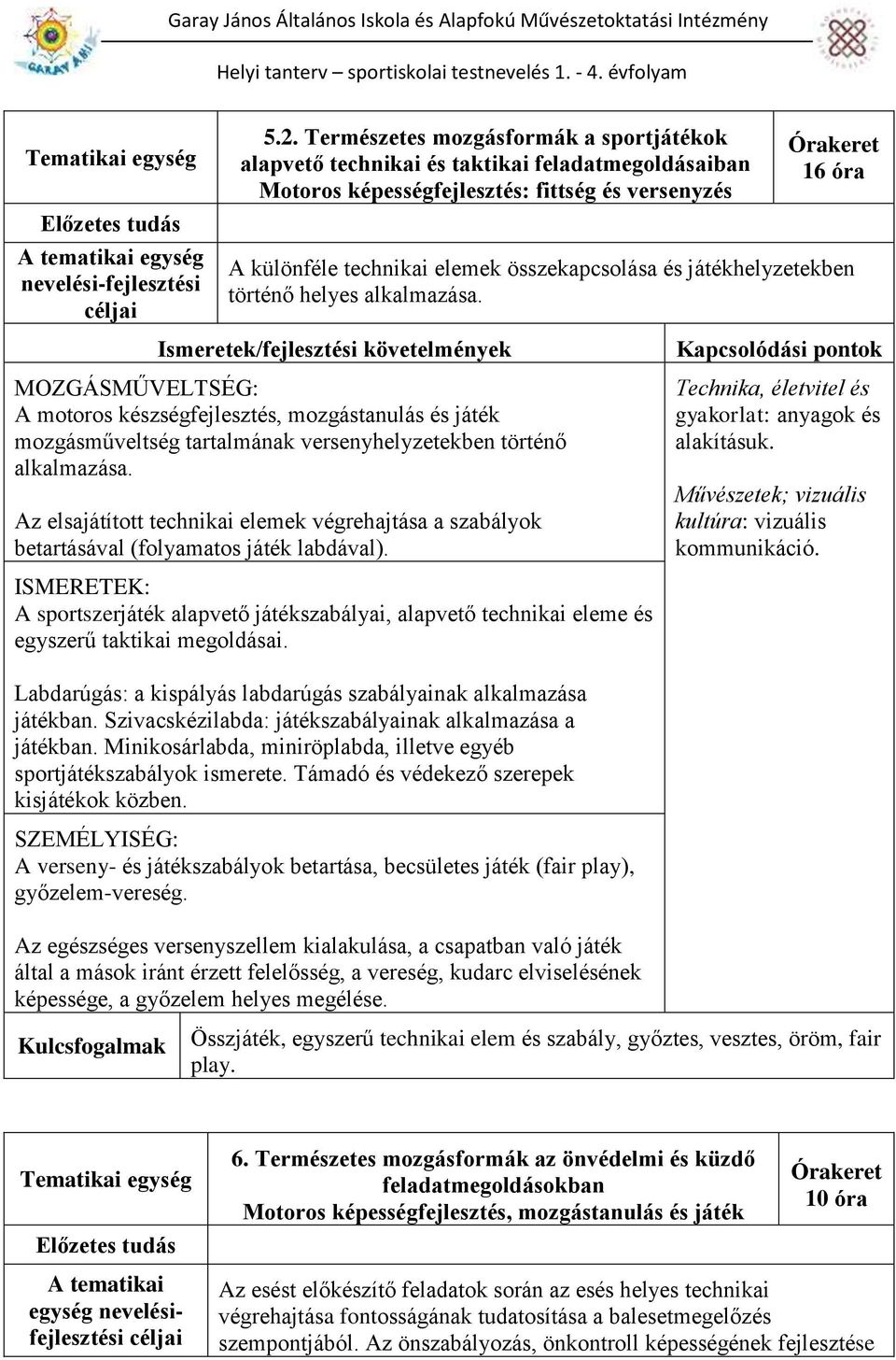 játékhelyzetekben történő helyes alkalmazása. A motoros készségfejlesztés, mozgástanulás és játék mozgásműveltség tartalmának versenyhelyzetekben történő alkalmazása.