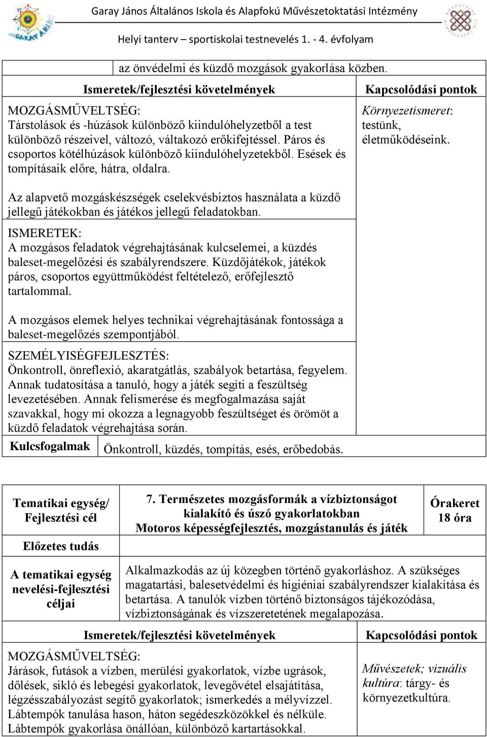 Az alapvető mozgáskészségek cselekvésbiztos használata a küzdő jellegű játékokban és játékos jellegű feladatokban.