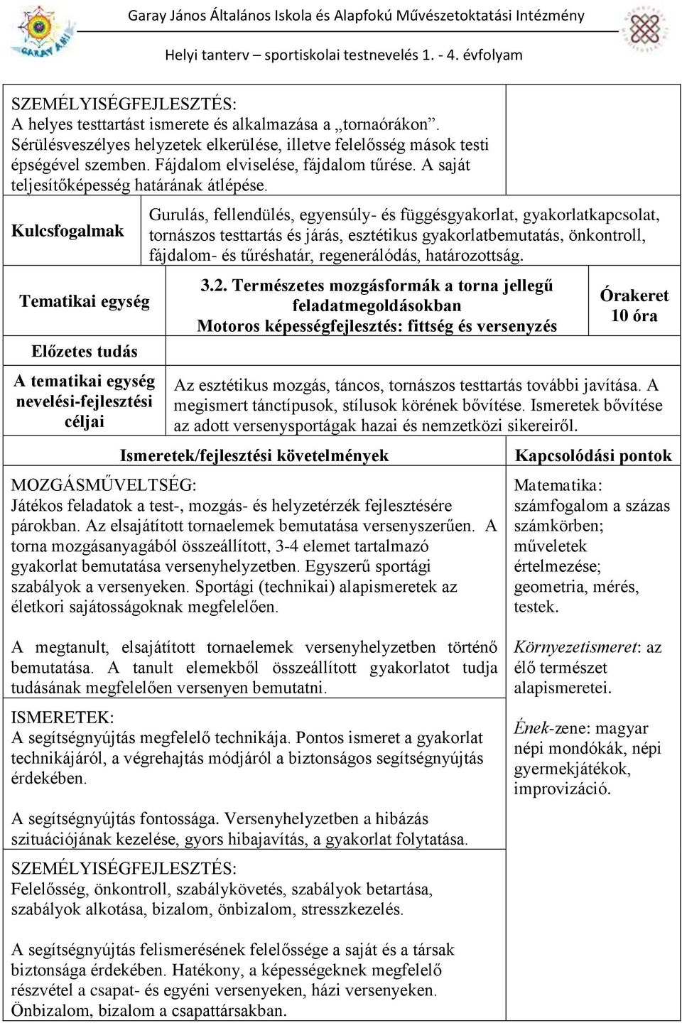 A tematikai egység nevelési-fejlesztési Gurulás, fellendülés, egyensúly- és függésgyakorlat, gyakorlatkapcsolat, tornászos testtartás és járás, esztétikus gyakorlatbemutatás, önkontroll, fájdalom- és