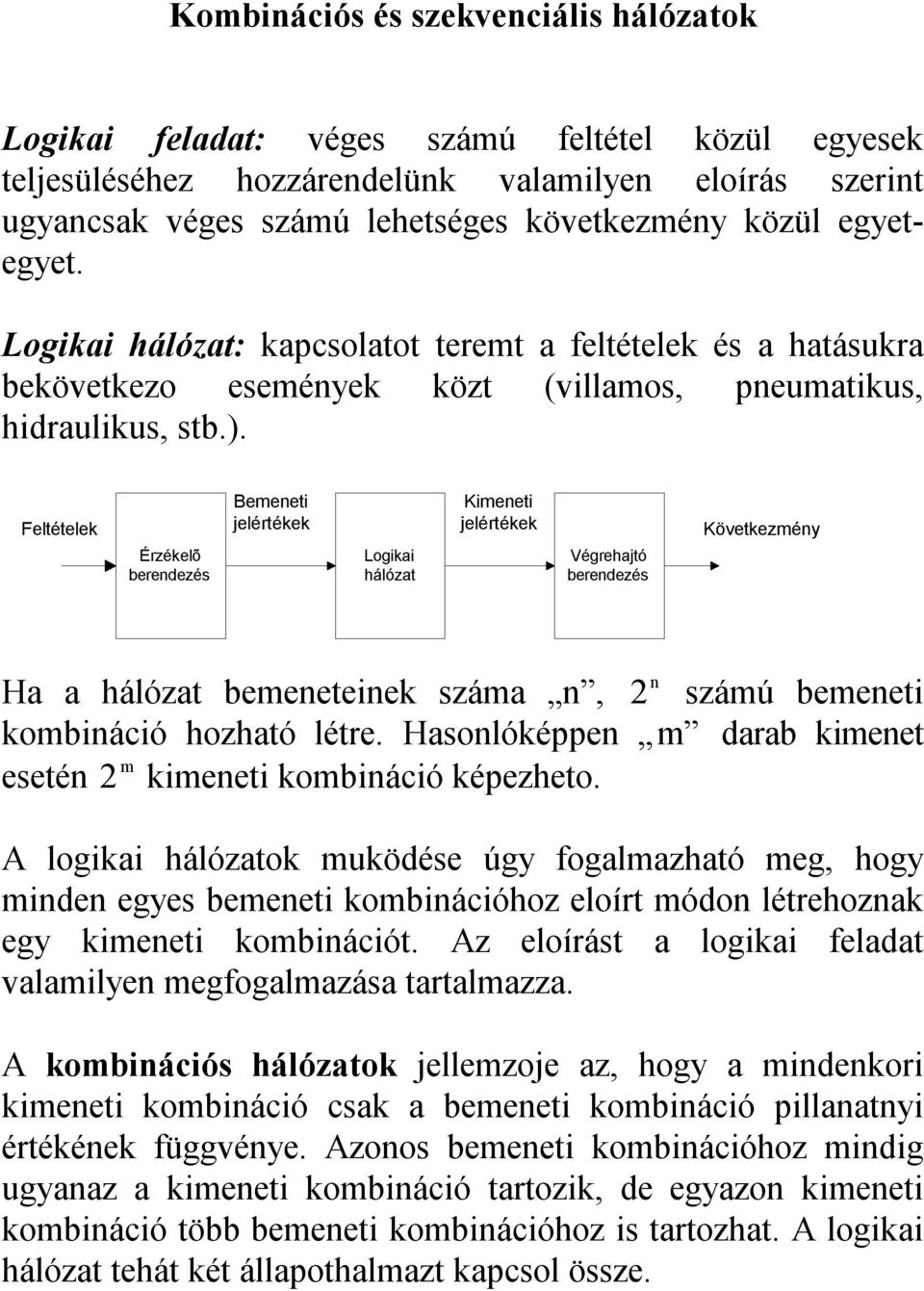 Feléelek Érzékelõ berendezés emenei jelérékek Logikai hálóza Kimenei jelérékek Végrehajó berendezés Kövekezmény Ha a hálóza bemeneeinek száma n, 2 n számú bemenei kombináció hozhaó lére.