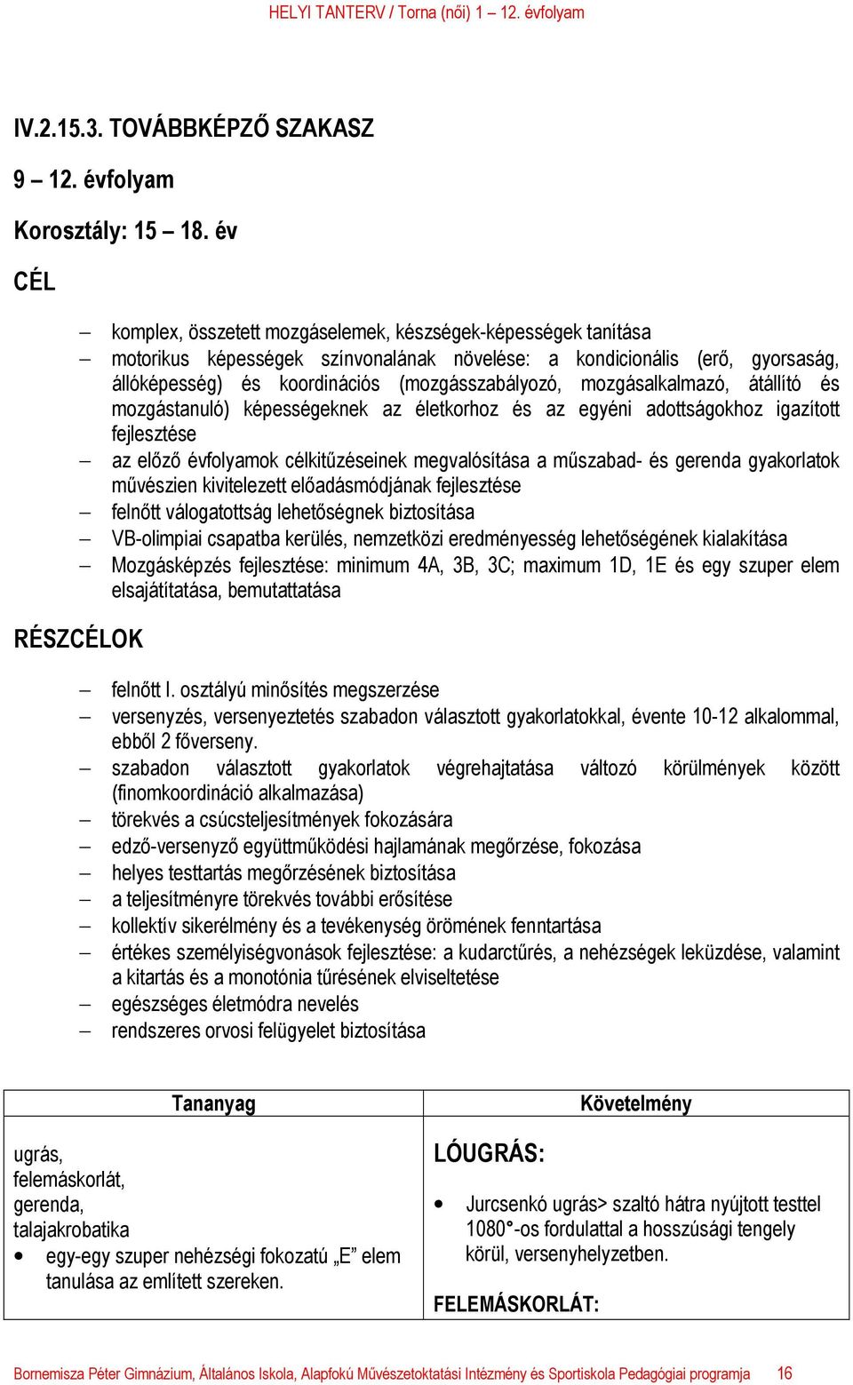 mozgásalkalmazó, átállító és mozgástanuló) képességeknek az életkorhoz és az egyéni adottságokhoz igazított fejlesztése az előző évfolyamok célkitűzéseinek megvalósítása a műszabad- és gerenda