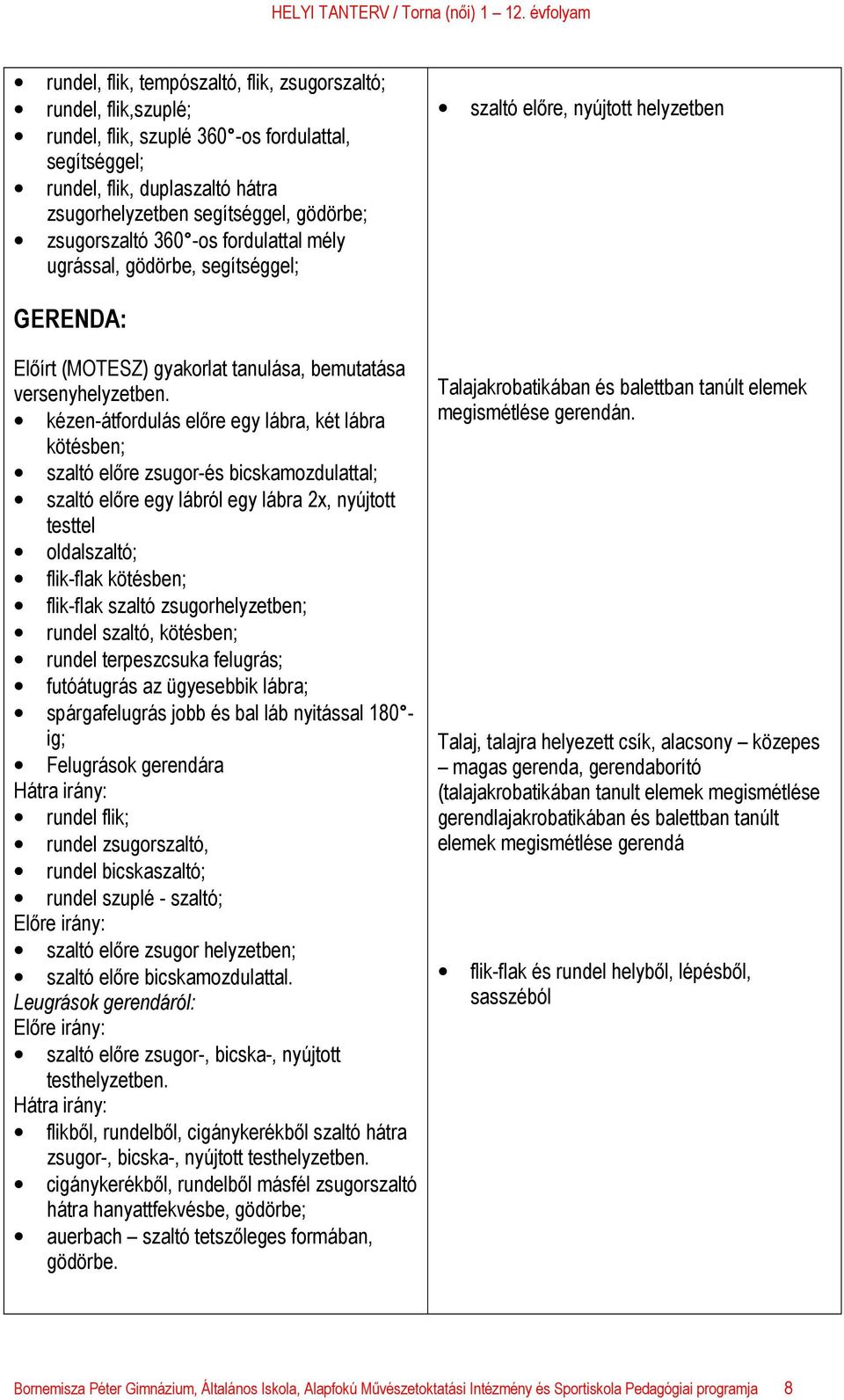 kézen-átfordulás előre egy lábra, két lábra kötésben; szaltó előre zsugor-és bicskamozdulattal; szaltó előre egy lábról egy lábra 2x, nyújtott testtel oldalszaltó; flik-flak kötésben; flik-flak