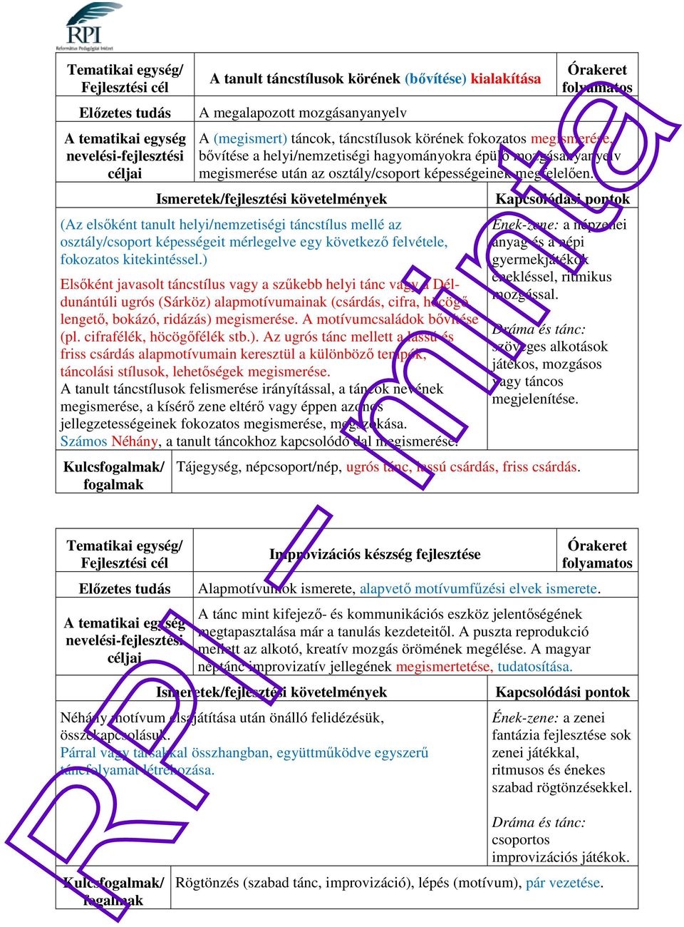 (Az elsőként tanult helyi/nemzetiségi táncstílus mellé az osztály/csoport képességeit mérlegelve egy következő felvétele, fokozatos kitekintéssel.