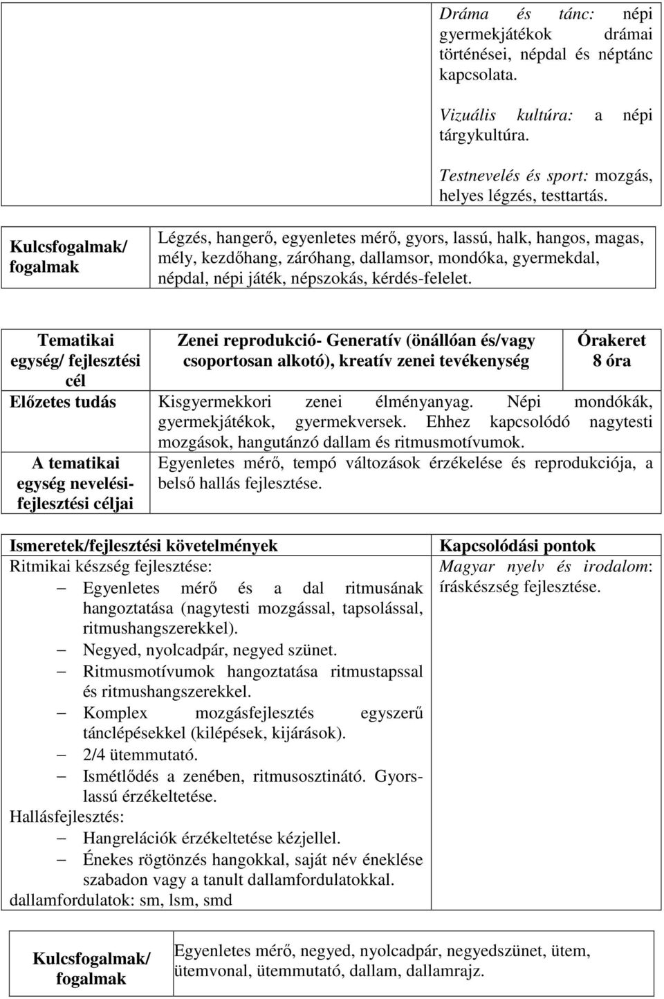 Tematikai egység/ fejlesztési cél Zenei reprodukció- Generatív (önállóan és/vagy csoportosan alkotó), kreatív zenei tevékenység 8 óra Kisgyermekkori zenei élményanyag.