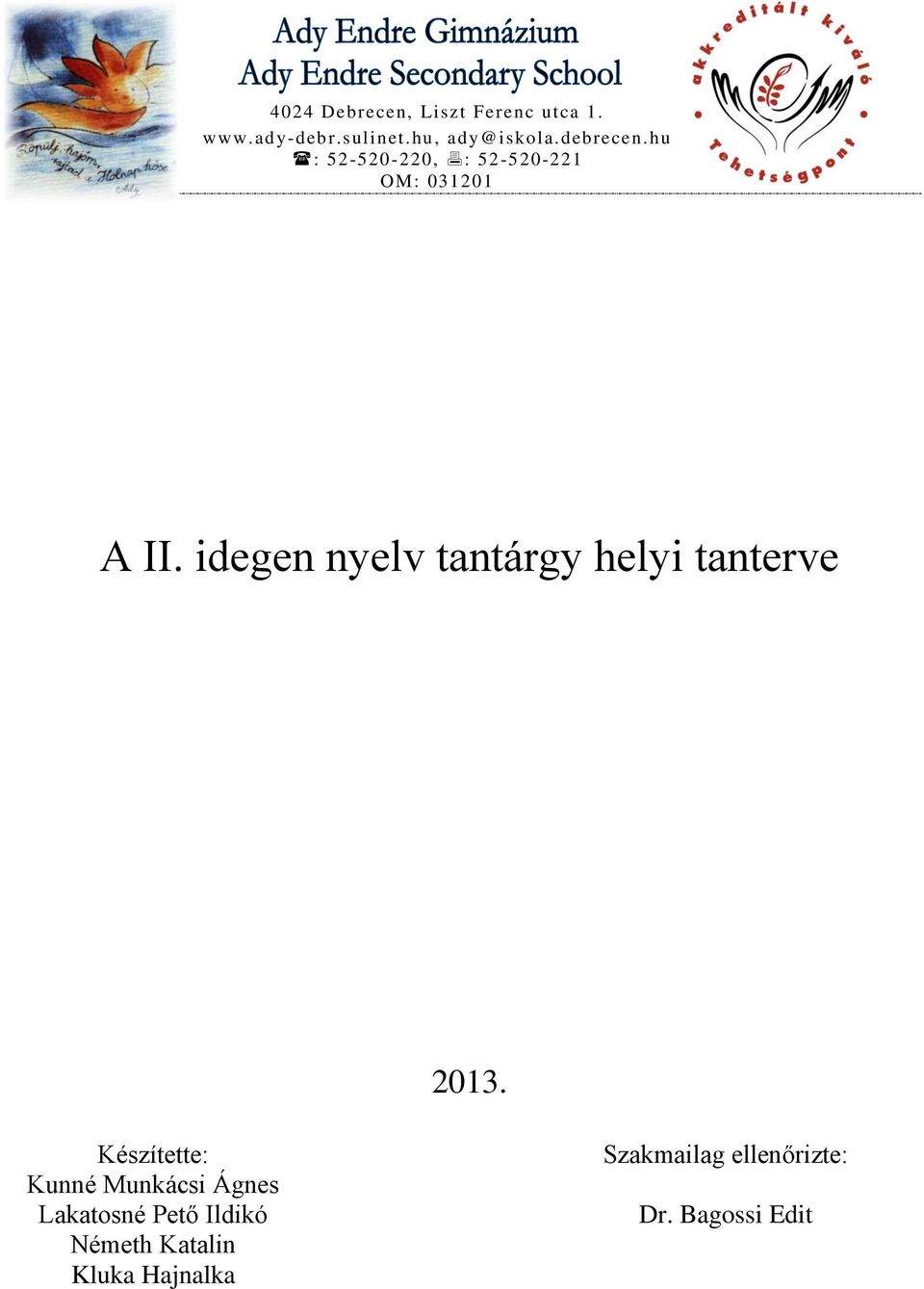 idegen nyelv tantárgy helyi tanterve 2013.