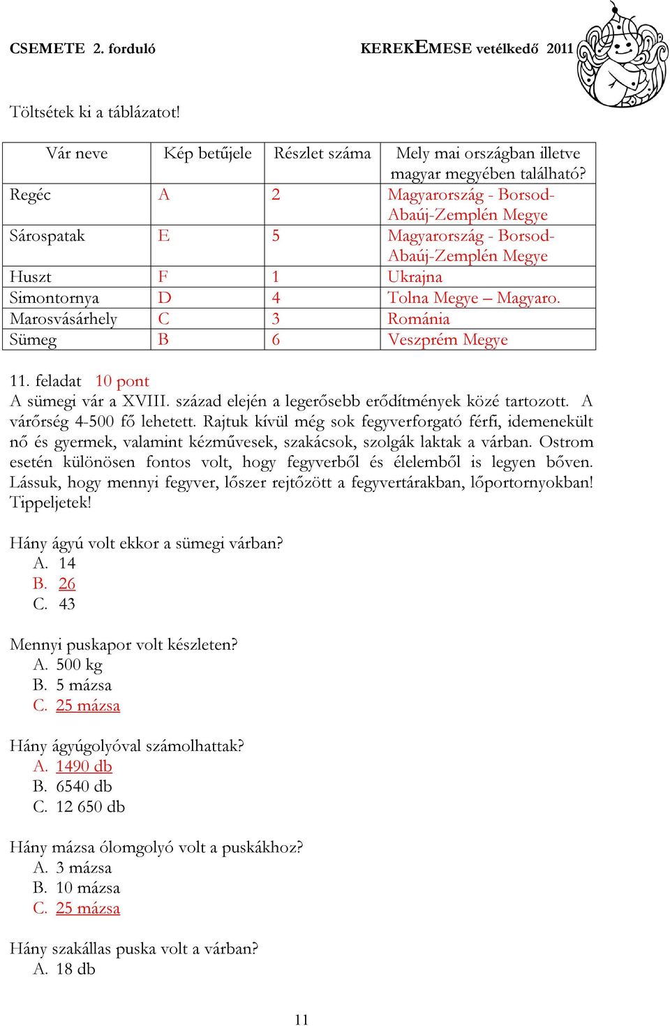 Marosvásárhely C 3 Románia Sümeg B 6 Veszprém Megye 11. feladat 10 pont A sümegi vár a XVIII. század elején a legerősebb erődítmények közé tartozott. A várőrség 4-500 fő lehetett.