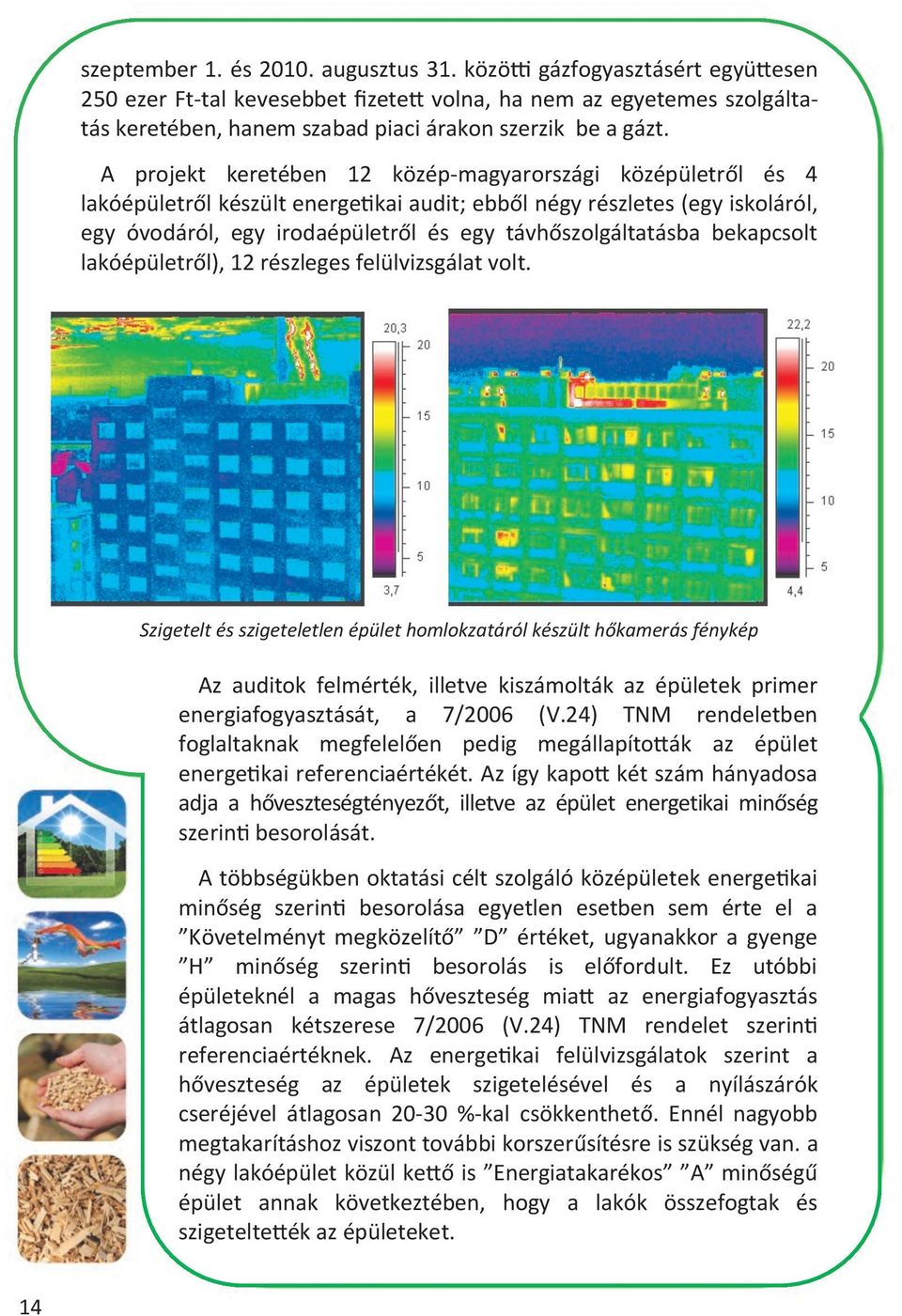 A projekt keretében 12 közép-magyarországi középületről és 4 lakóépületről készült energetikai audit; ebből négy részletes (egy iskoláról, egy óvodáról, egy irodaépületről és egy távhőszolgáltatásba