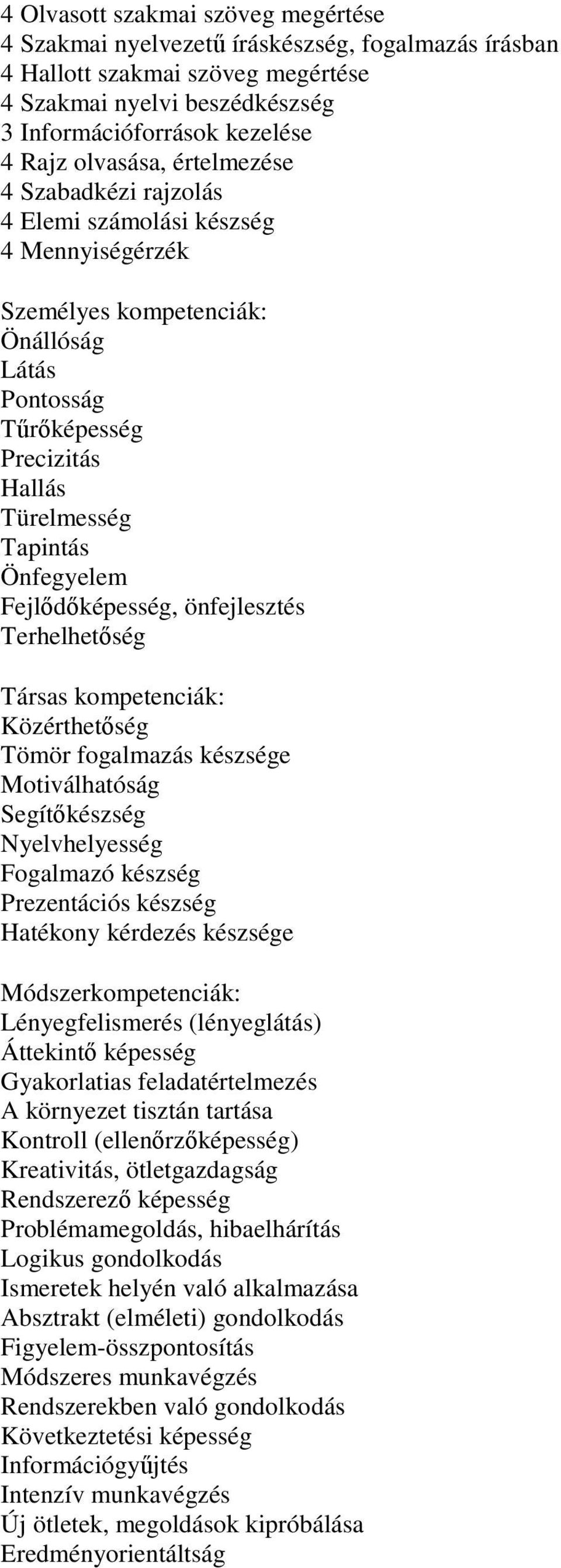 Fejlődőképesség, önfejlesztés Terhelhetőség Társas kompetenciák: Közérthetőség Tömör fogalmazás készsége Motiválhatóság Segítőkészség Nyelvhelyesség Fogalmazó készség Prezentációs készség Hatékony