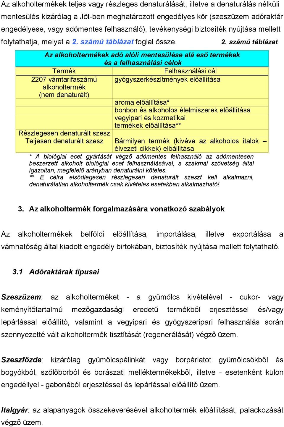 Az alkoholtermékek adó alóli mentesülése alá eső termékek és a felhasználási célok Termék Felhasználási cél 2207 vámtarifaszámú gyógyszerkészítmények előállítása alkoholtermék (nem denaturált) 2.