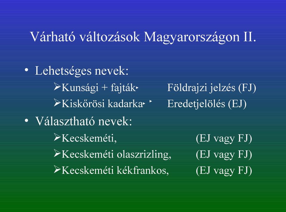 jelzés (FJ) Eredetjelölés (EJ) Választható nevek: Kecskeméti,