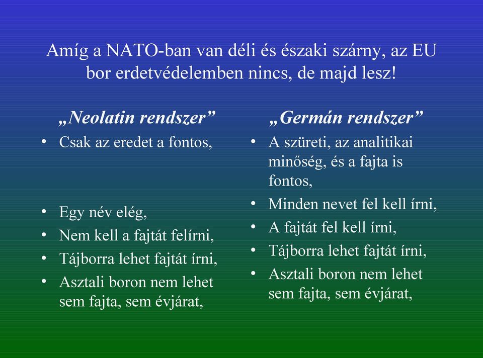 Asztali boron nem lehet sem fajta, sem évjárat, Germán rendszer A szüreti, az analitikai minőség, és a fajta is