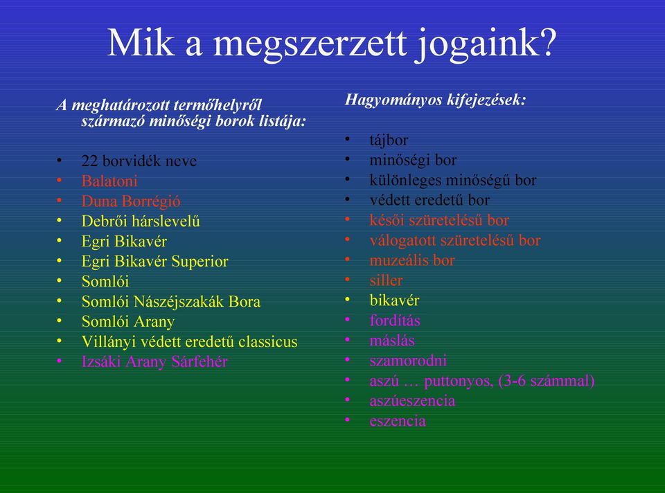 Bikavér Egri Bikavér Superior Somlói Somlói Nászéjszakák Bora Somlói Arany Villányi védett eredetű classicus Izsáki Arany Sárfehér