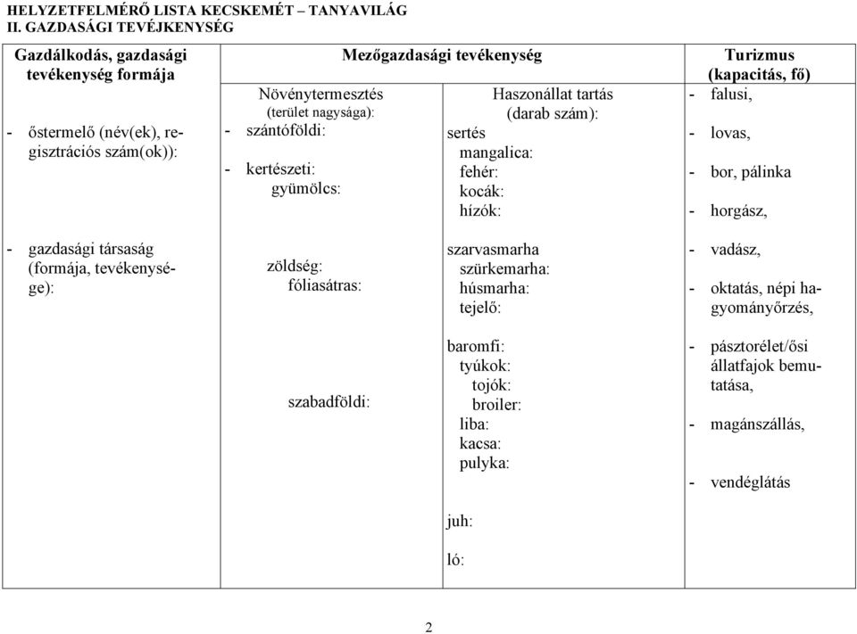 falusi, - lovas, - bor, pálinka - horgász, - gazdasági társaság (formája, tevékenysége): zöldség: fóliasátras: szarvasmarha szürkemarha: húsmarha: tejelő: - vadász,