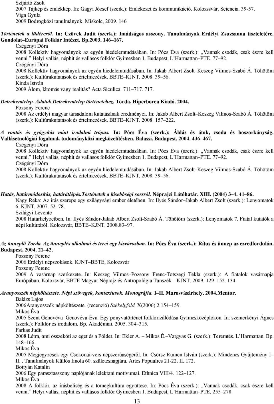 2008 Kollektív hagyományok az egyén hiedelemtudásában. In: Pócs Éva (szerk.): Vannak csodák, csak észre kell venni. Helyi vallás, néphit és vallásos folklór Gyimesben 1. Budapest, L Harmattan PTE.