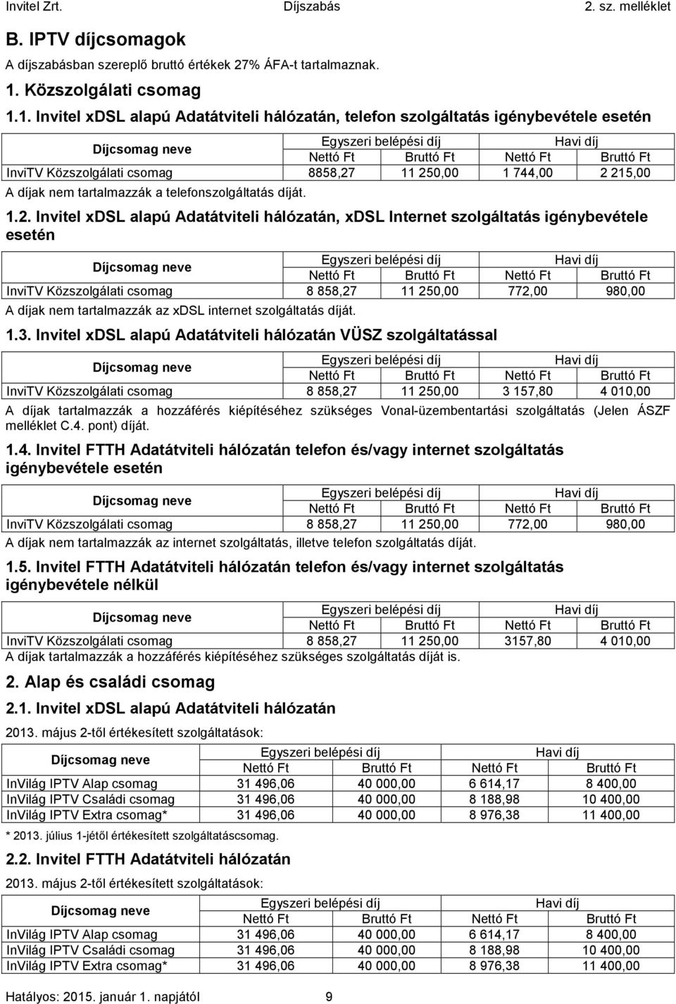 1. Invitel xdsl alapú Adatátviteli hálózatán, telefon szolgáltatás igénybevétele esetén Egyszeri belépési díj Havi díj Díjcsomag neve Nettó Ft Bruttó Ft Nettó Ft Bruttó Ft InviTV Közszolgálati csomag