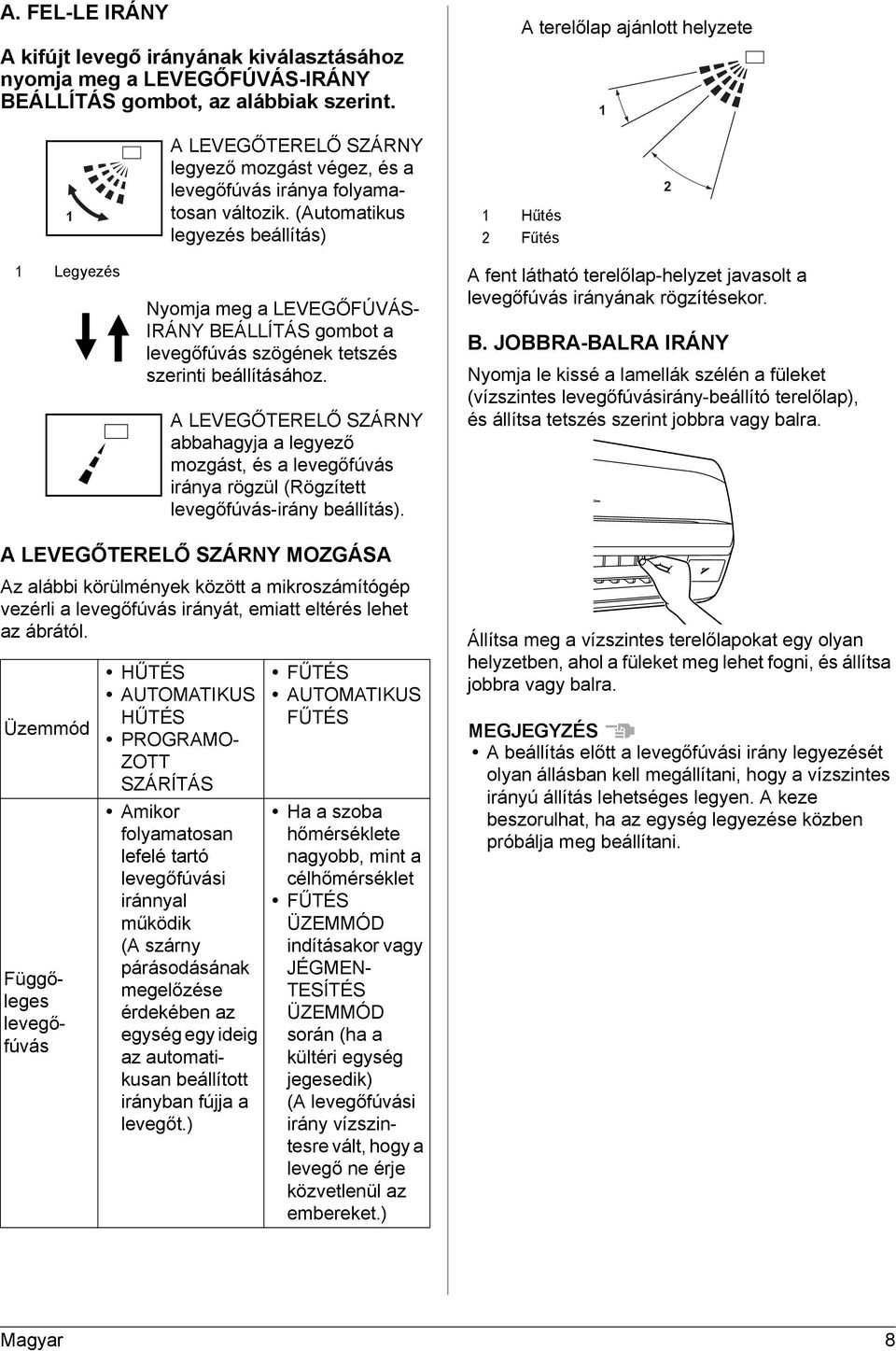 (Automatikus legyezés beállítás) 1 Hűtés 2 Fűtés 2 1 Legyezés Nyomja meg a LEVEGŐFÚVÁS- IRÁNY BEÁLLÍTÁS gombot a levegőfúvás szögének tetszés szerinti beállításához.