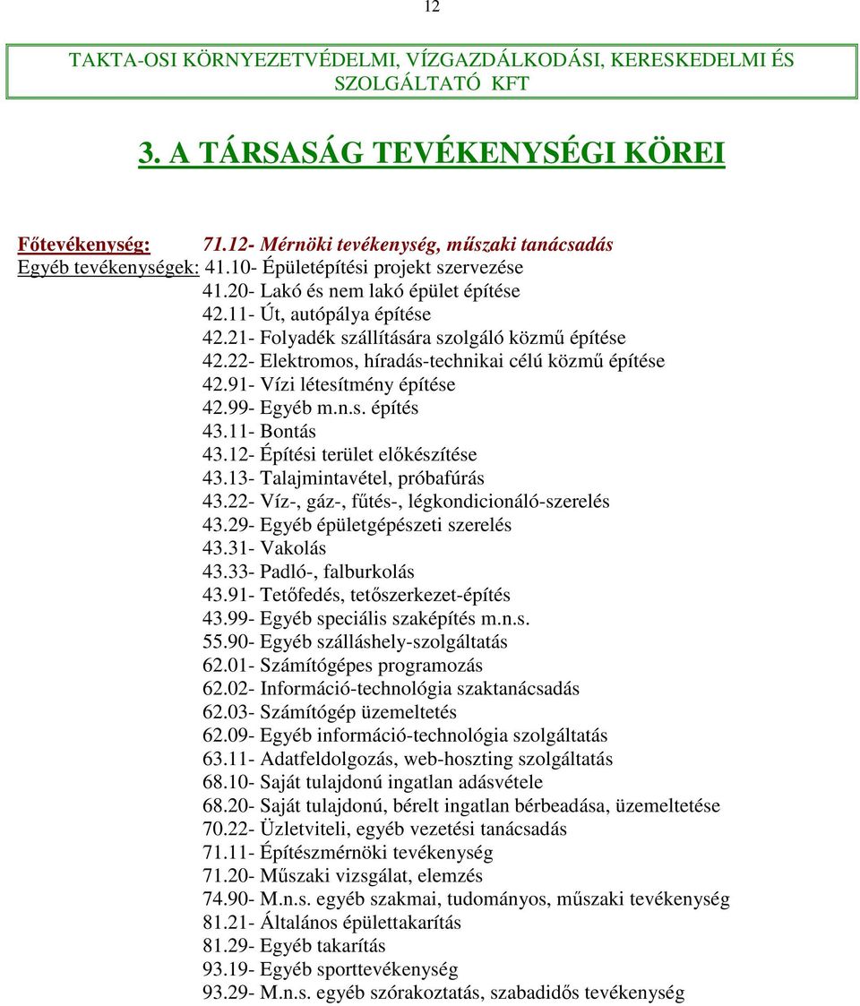 91- Vízi létesítmény 42.99- Egyéb m.n.s. építés 43.11- Bontás 43.12- Építési terület előkészítése 43.13- Talajmintavétel, próbafúrás 43.22- Víz-, gáz-, fűtés-, légkondicionáló-szerelés 43.