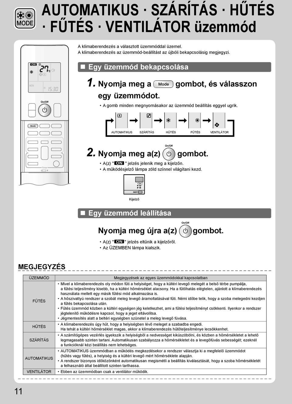 Nyomja meg a(z) gombot. A(z) " " jelzés jelenik meg a kijelzőn. A működésjelző lámpa zöld színnel világítani kezd. Kijelző Egy üzemmód leállítása Nyomja meg újra a(z) gombot.