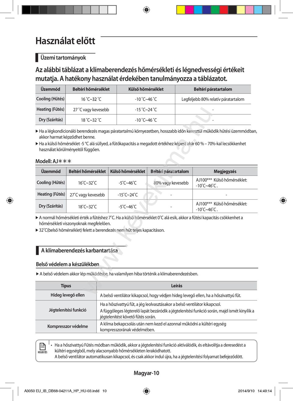 (Szárítás) 18 C~32 C -10 C~46 C - Ha a légkondicionáló berendezés magas páratartalmú környezetben, hosszabb időn keresztül működik hűtési üzemmódban, akkor harmat képződhet benne.