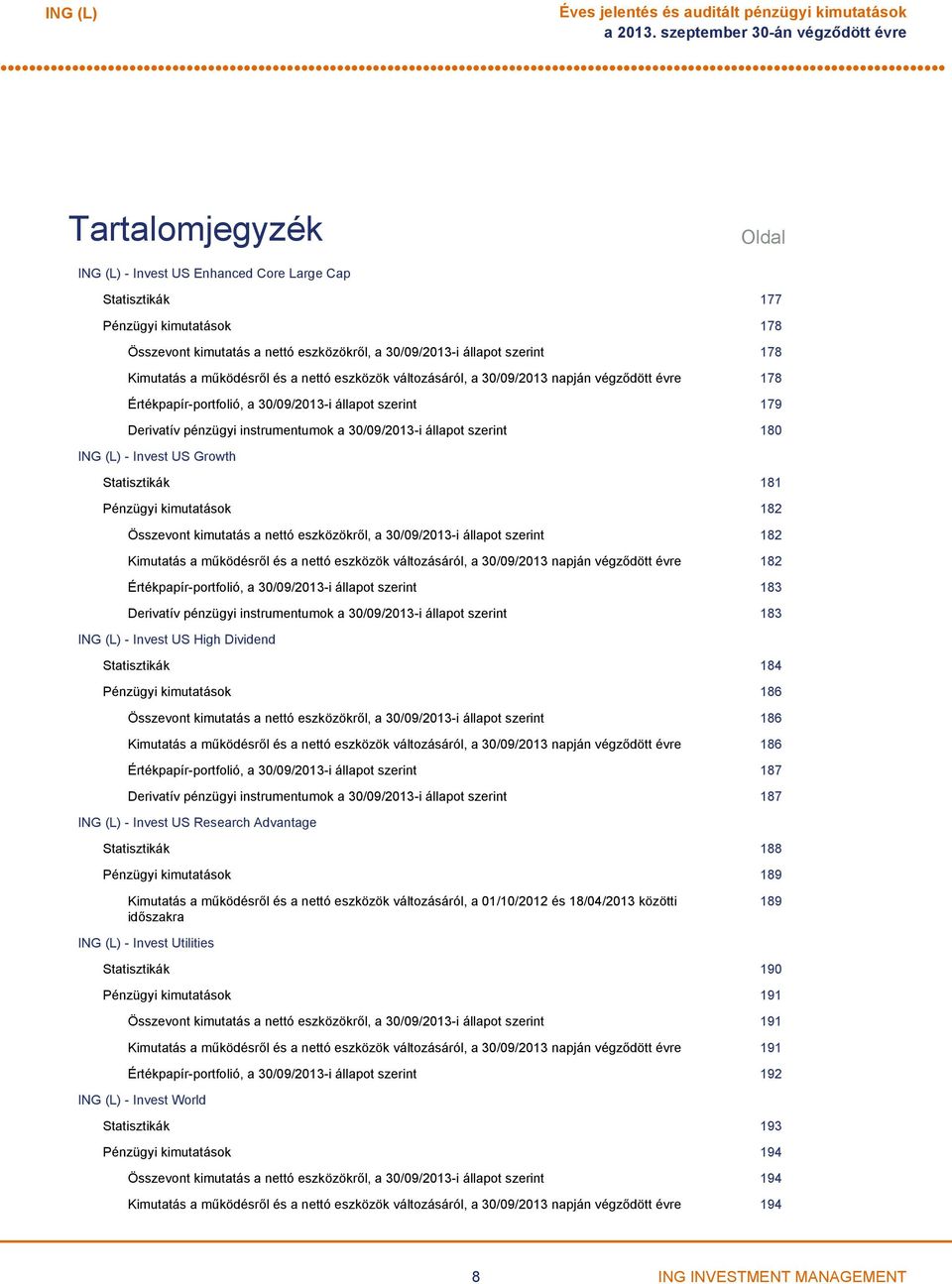 178 Kimutatás a működésről és a nettó eszközök változásáról, a 30/09/2013 napján végződött évre 178 Értékpapírportfolió, a 30/09/2013i állapot szerint 179 Derivatív pénzügyi instrumentumok a