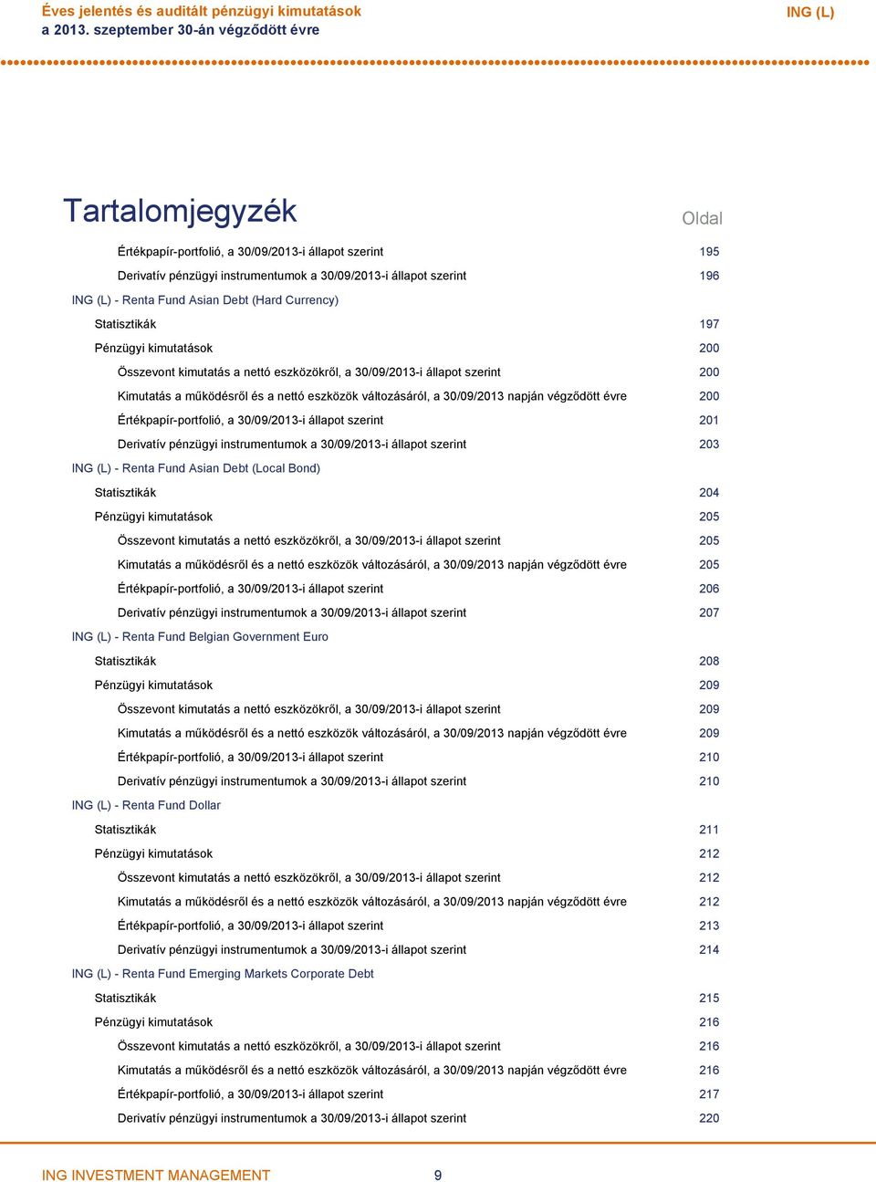 (Hard Currency) Statisztikák 197 Pénzügyi kimutatások 200 Összevont kimutatás a nettó eszközökről, a 30/09/2013i állapot szerint 200 Kimutatás a működésről és a nettó eszközök változásáról, a