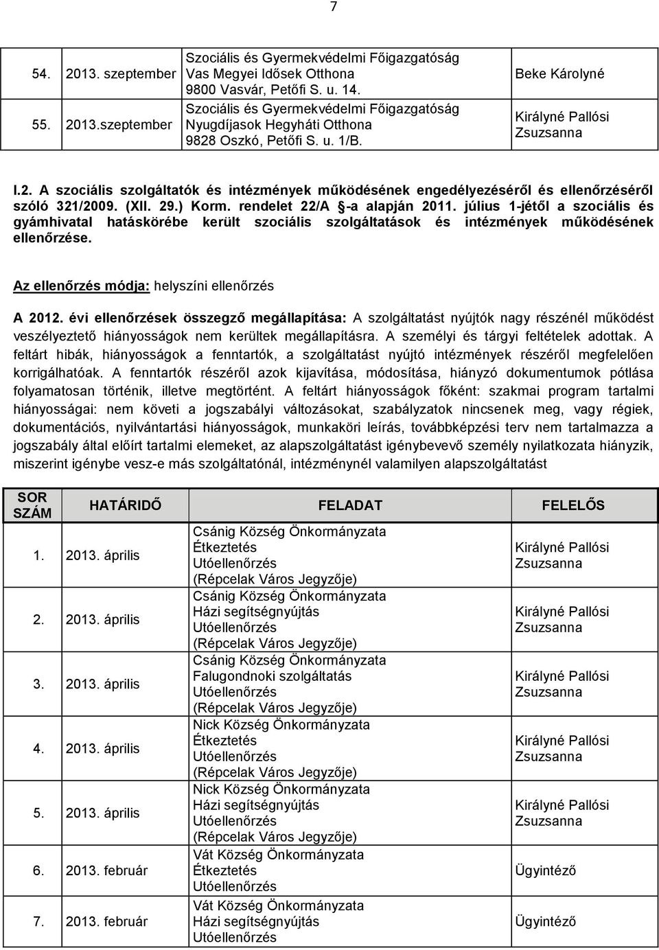 (XII. 29.) Korm. rendelet 22/A -a alapján 2011. július 1-jétől a szociális és gyámhivatal hatáskörébe került szociális szolgáltatások és intézmények működésének ellenőrzése.