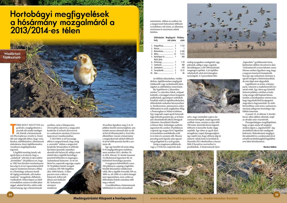 Előfordulási Megfigyelé- Példányhely sek száma szám Madártani Tájékoztató TÖBB MINT NEGYVEN éve gyűlnek a megfigyeléseim a puszták téli madárvendégeiről, köztük a hósármányokról (Plectrophenax
