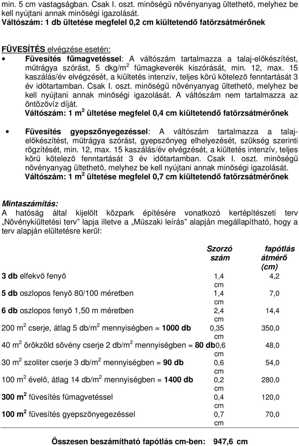 fűmagkeverék kiszórását, min. 12, max. 15 kaszálás/év elvégzését, a kiültetés intenzív, teljes körű kötelező fenntartását 3 év időtartamban. Csak I. oszt.