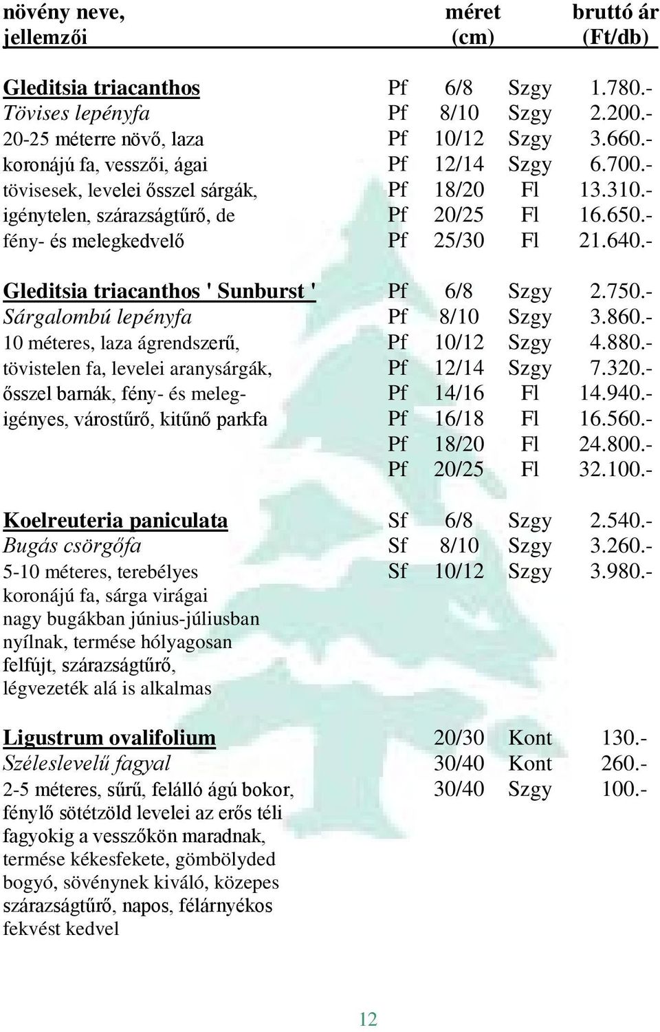 750.- Sárgalombú lepényfa Pf 8/10 Szgy 3.860.- 10 méteres, laza ágrendszerű, Pf 10/12 Szgy 4.880.- tövistelen fa, levelei aranysárgák, Pf 12/14 Szgy 7.320.