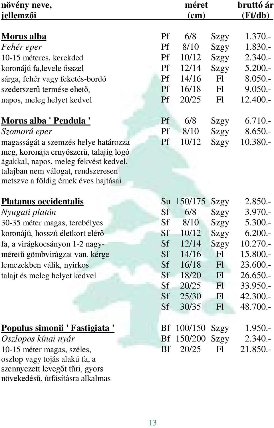 - Szomorú eper Pf 8/10 Szgy 8.650.- magasságát a szemzés helye határozza Pf 10/12 Szgy 10.380.