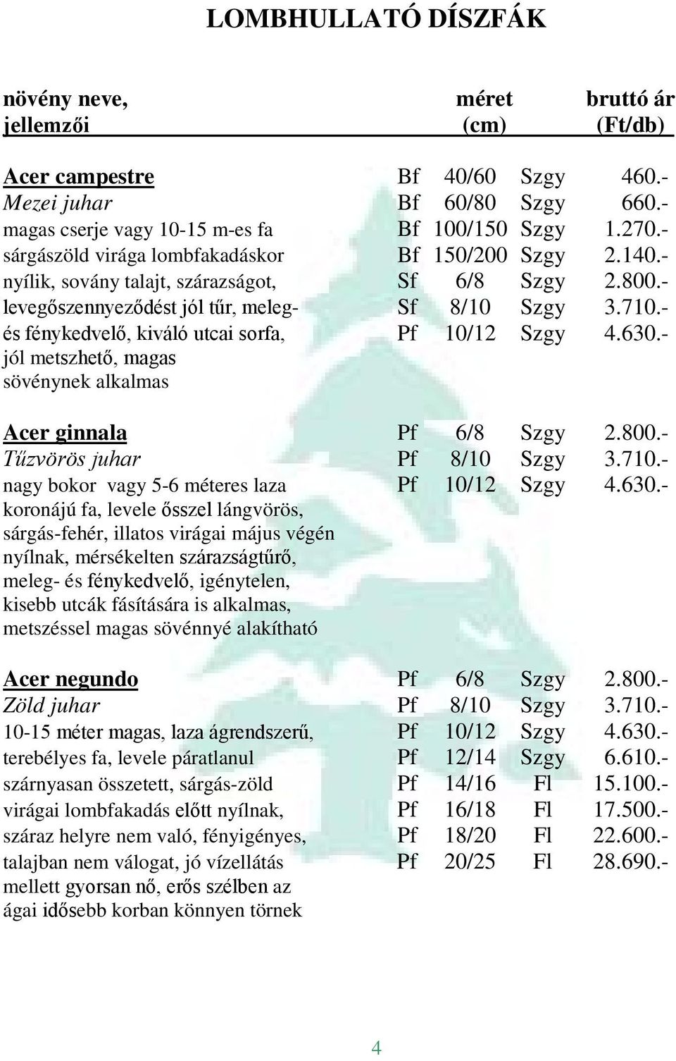 - és fénykedvelő, kiváló utcai sorfa, Pf 10/12 Szgy 4.630.- jól metszhető, magas sövénynek alkalmas Acer ginnala Pf 6/8 Szgy 2.800.- Tűzvörös juhar Pf 8/10 Szgy 3.710.