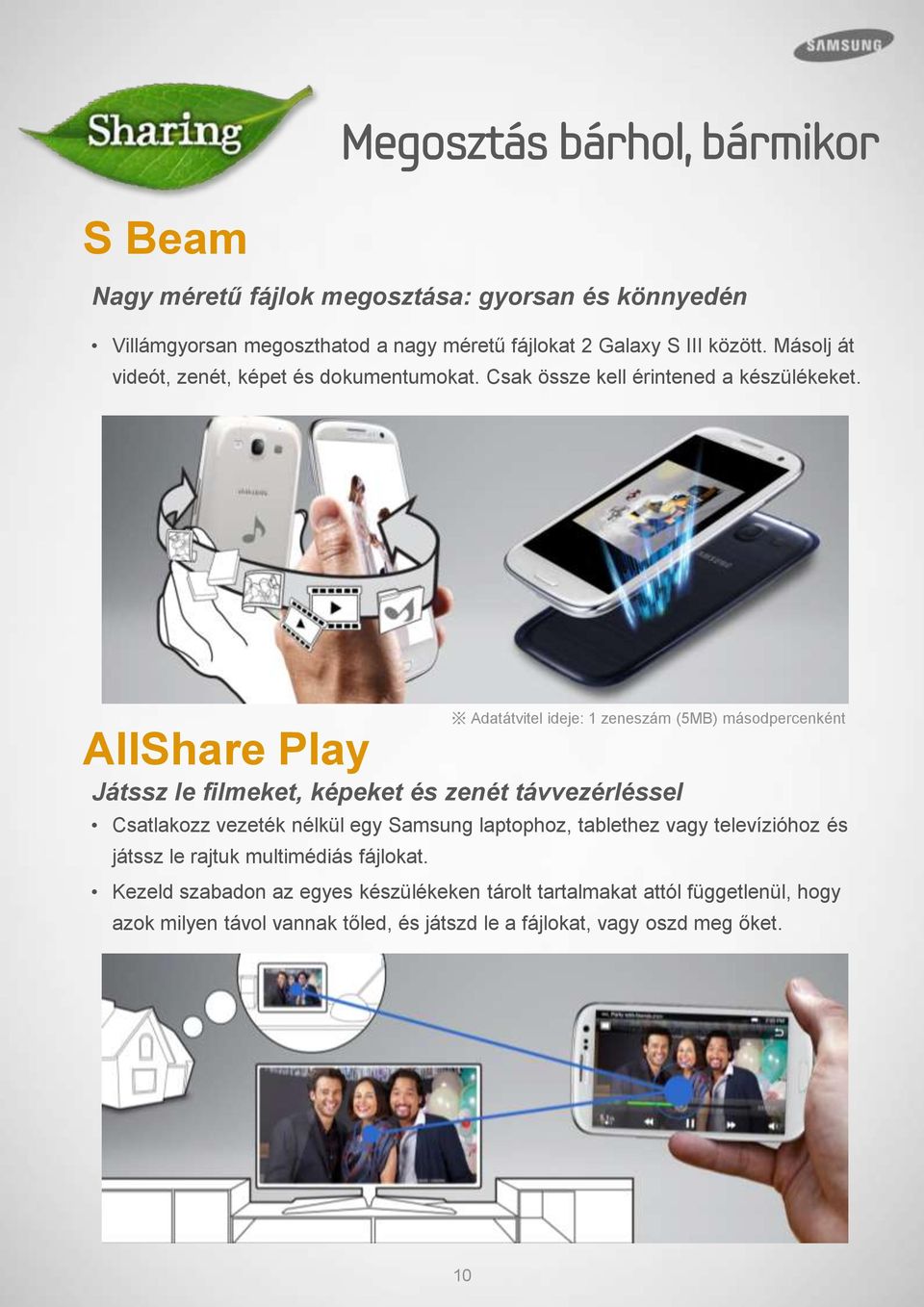 Adatátvitel ideje: 1 zeneszám (5MB) másodpercenként AllShare Play Játssz le filmeket, képeket és zenét távvezérléssel Csatlakozz vezeték nélkül egy Samsung