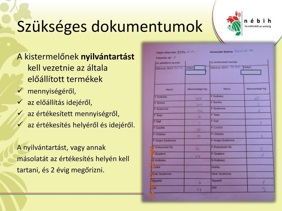 értékesített mennyiségről, az értékesítés helyéről és idejéről.