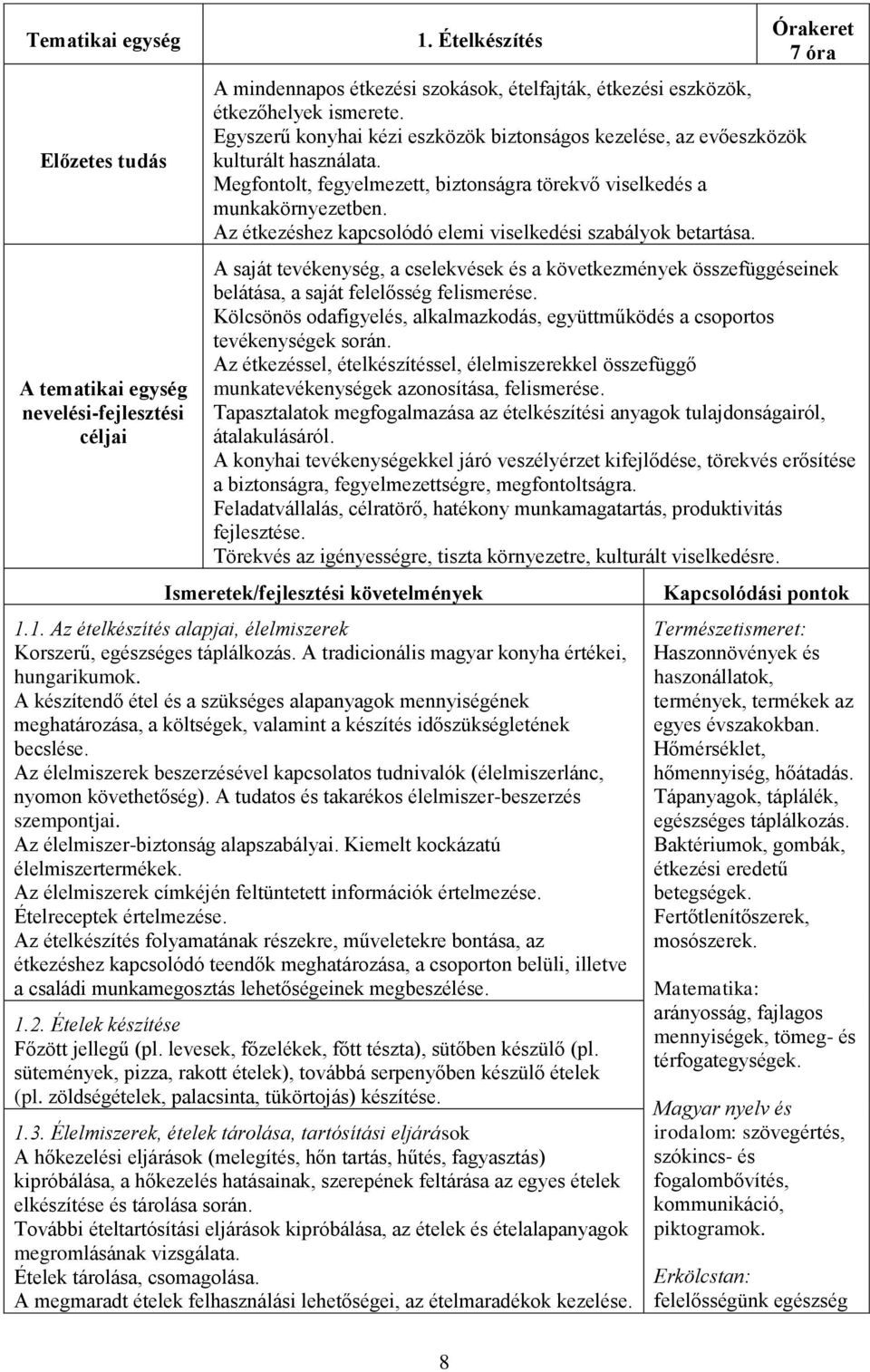 Az étkezéshez kapcsolódó elemi viselkedési szabályok betartása. Órakeret 7 óra A saját tevékenység, a cselekvések és a következmények összefüggéseinek belátása, a saját felelősség felismerése.