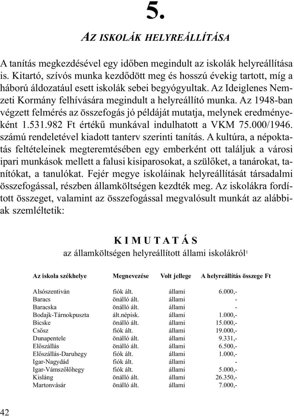 Az 1948-ban végzett felmérés az összefogás jó példáját mutatja, melynek eredményeként 1.531.982 Ft értékû munkával indulhatott a VKM 75.000/1946. számú rendeletével kiadott tanterv szerinti tanítás.