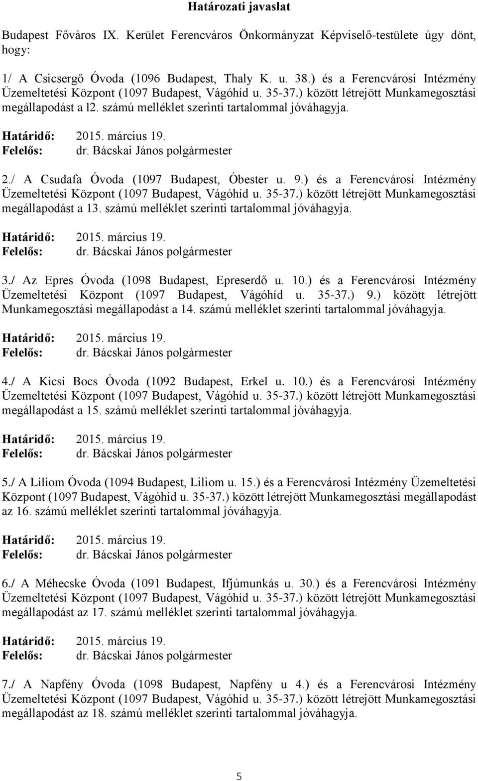 Határidő: 2015. március 19. Felelős: dr. Bácskai János polgármester 2./ A Csudafa Óvoda (1097 Budapest, Óbester u. 9.) és a Ferencvárosi Intézmény Üzemeltetési Központ (1097 Budapest, Vágóhíd u.