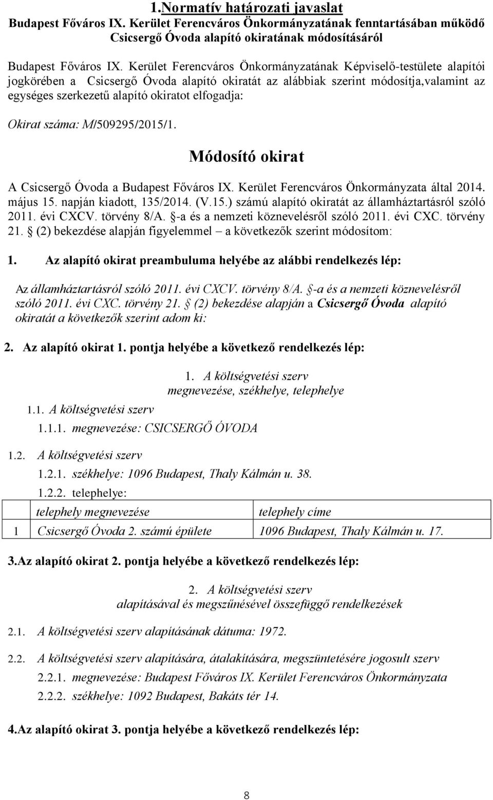 elfogadja: Okirat száma: M/509295/2015/1. Módosító okirat A Csicsergő Óvoda a Budapest Főváros IX. Kerület Ferencváros Önkormányzata által 2014. május 15. napján kiadott, 135/2014. (V.15.) számú alapító okiratát az államháztartásról szóló 2011.