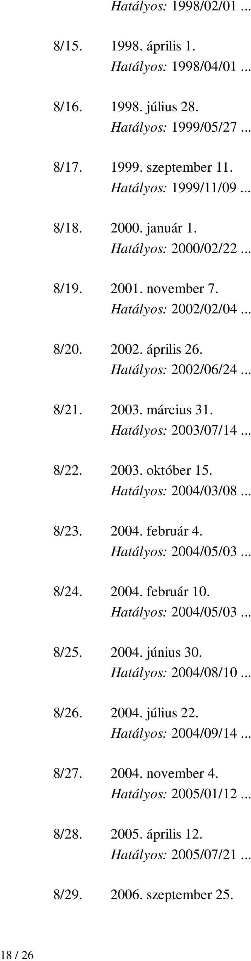 .. 8/22. 2003. október 15. Hatályos: 2004/03/08... 8/23. 2004. február 4. Hatályos: 2004/05/03... 8/24. 2004. február 10. Hatályos: 2004/05/03... 8/25. 2004. június 30.